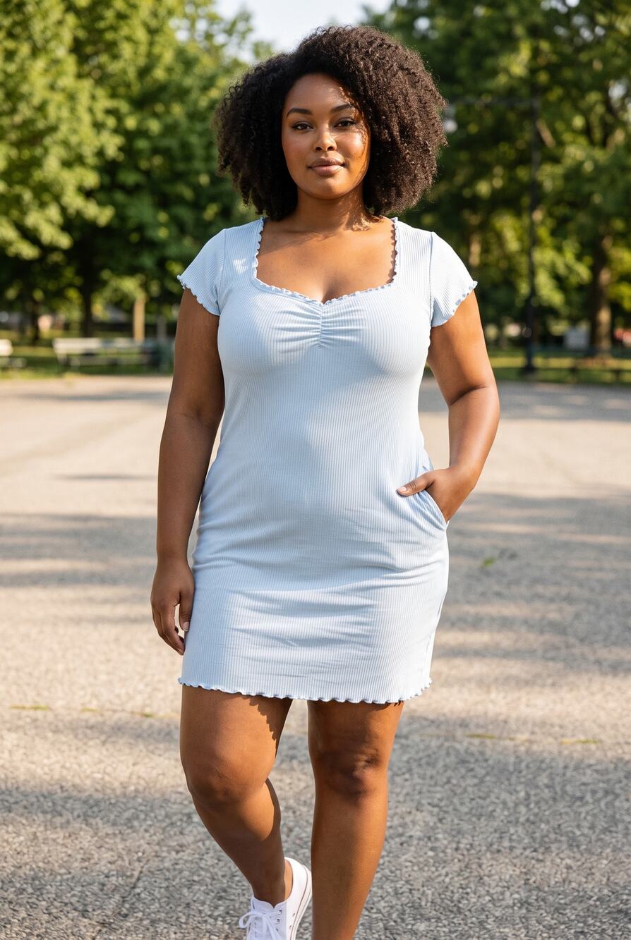 Abound Light Blue Ribbed Scalloped Sweetheart Dress 2X NOWT Fitted Mini Bodycon